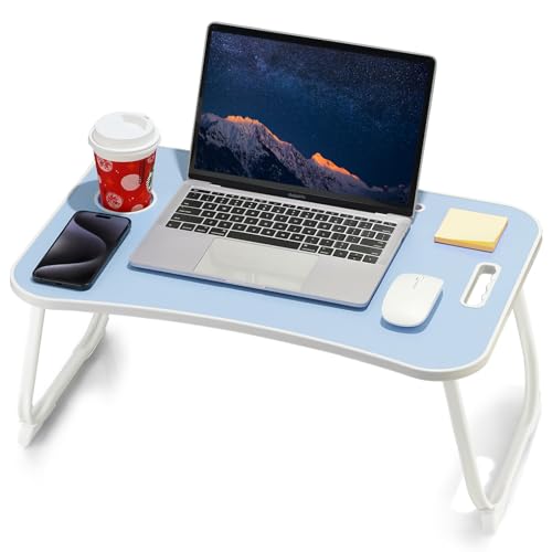 ZEAPTAC Laptop Bed Desk, Foldable Lap Desk, Portable Lap Table, Laptop Stand with Cup Holder, Tablet Slot & Lifting Handle for Work, Write, Draw & Eat on Bed, Sofa or Couch - Blue