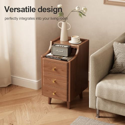 Solid Wood Narrow Nightstand with Drawers,Walnut Nightstand Wood Bedside Table Modern for Bedroom,Study,Toilet - color: Walnut, size: 15.75"D x 11.81"W x 23.62"H(3 Drawers)