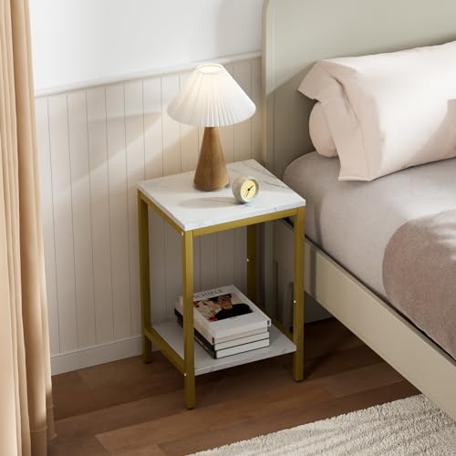 SAYGOER White Faux Marble End Tables 13.3''D Small Side Table with Storage Wood Night Stand Gold Metal Frames 2 Tier Bedside Table with Adjustable Feet, 1PCS, White Gold - color: White Gold