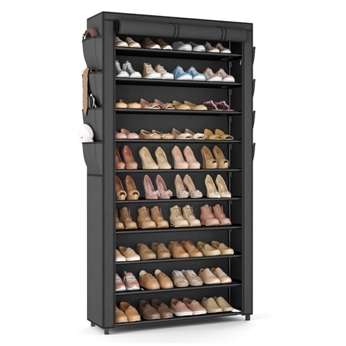 VTRIN Tall Shoe Rack with Cover, 10 Tier Shoe Organizer Storage for 50-55 Pairs Shoes and Boots Large Capacity Shoe Shelf with 8 Pockets Free Standing Shoe Rack for Closet, Entryway, Garage - color: Black, size: 33.8"W - 10 Tier