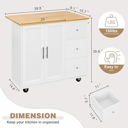 Shintenchi Kitchen Island with Folding Drop Leaf, Rolling Island Table with Storage, Kitchen Cabinet on Wheels with Seating Area for Kitchen, Bar Cart with Cabinet, White - color: White