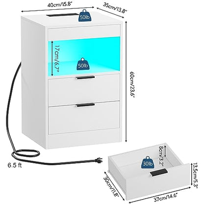 Yusong Night Stand, Bedside Table, LED Nightstand with Charging Station, Modern Night Stand, Wood Sofa Couch End Side Table with 2 Pull-Out Shelf (White 001) - color: White 001