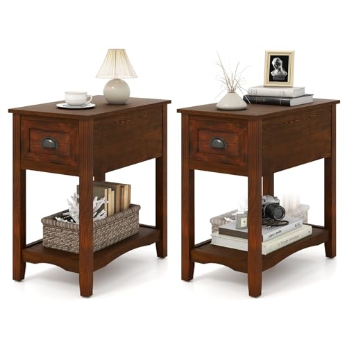 Giantex End Table with Drawer Set of 2, Retro Narrow Side Table, Nightstand with Solid Wood & Storage Shelf, Bedside Table for Living Room Bedroom Small Space Home Office (2, Walnut) - color: Walnut