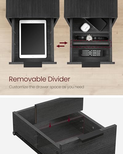 VASAGLE Side End Table with Charging Station, Slim Nightstand with 2 Drawers, Narrow Bedside Table for Living Room, Small Spaces, Charcoal Gray and Ink Black ULET321B22V1S - color: Charcoal Gray + Ink Black, size: 23.6"D x 11.8"W