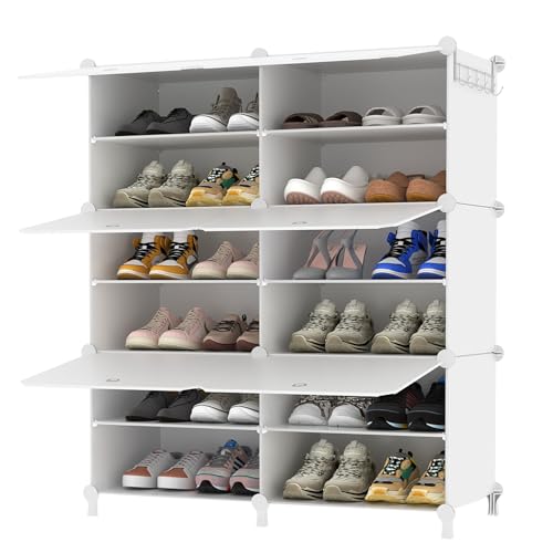 AWTATOS Shoe Rack, 6 Tier Shoe Storage Cabinet with Door, 32 Pair Shoe Organizer Shelves for Closet Hallway Bedroom Entryway, White | DIY Stackbale Plastic Shoe Organizer Shelves for Closet Entryway Hallway Bedroom - color: White, size: 6 Cube