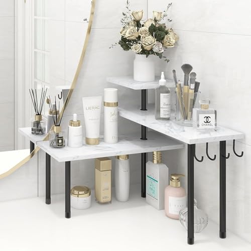 Bathroom Counter Corner Shelf, 3 Tier Kitchen Countertop Organizer for Over The Sink, Make Up, Dresser Table, White Marble - color: White Marble, With Hooks