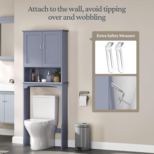 Yaheetech Over The Toilet Bathroom Cabinet with 2 Doors & Adjustable Shelf, Free Standing Toilet Rack Space-Saving, L24.5xW9xH66 Inches, Grey - color: Grey