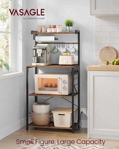 VASAGLE BARNET Collection - Kitchen Bakers Rack with Power Outlet, 23.6-Inch Wide Coffee Bar 4-Tier with 8 S Hooks, Modern Microwave Stand, Adjustable Shelf, Rustic Brown and Ink Black UKKS014K01V1 - color: Rustic Brown + Ink Black, size: 23.6"W