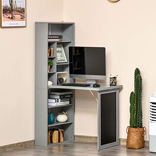 Grey Wood Wall Mounted Folding Desk with Bookshelf & Storage | Foldable Desks for Small Spaces, Pull Out Computer Desk with A Blackboard for Bedroom Apartment - color: Charcoal Grey