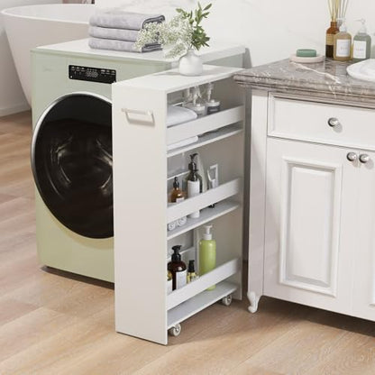 LOKO 4-Tier Rolling Storage Cart, 8 Inches Slim Kitchen Cart on Wheels with Open Shelves & Handle, Laundry Room Cart Between Washer and Dryer, for Narrow Space Bathroom Next to Fridge (White) - color: White