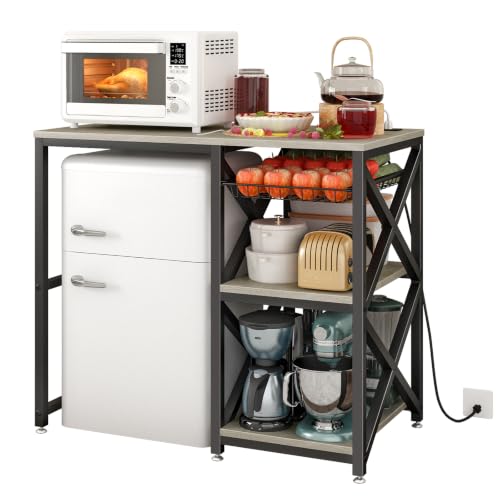METYERRY Kitchen Bakers Rack with Power Outlet,Mini Fridge Cabinet with Mesh Basket, Mini Fridge and Microwave Table with Storage for Office,Kitchen,Living Room,Coffee Bar,Patio,Greige - color: Greige