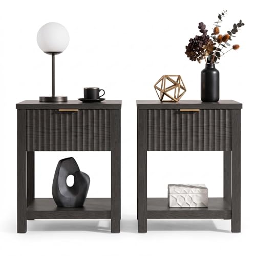 Fluted Night Stand with Golden Handle,Set of 2 Mid-Century Nightstands with Drawer, Bedside Table with Storage Shelf, Side Tables for Room,End Tables for Bedroom,Black Wood Grain - color: 2pcs_walnut_plus