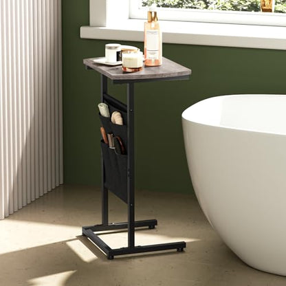 HOOBRO C Shaped End Table, 28.3" Side Table for Small Spaces, Couch Table, Slide Under Sofa Tray Table, Storage Bag, for Living Room, Bedroom, Greige and Black BG40SF01 - color: Greige + Black