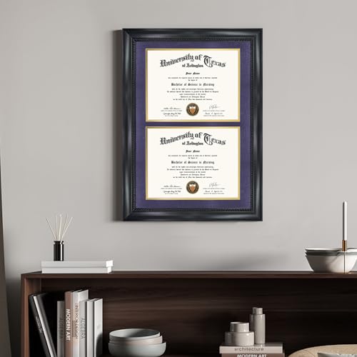 GMFrames Double 8.5x11 Diploma Certificate Frame, Solid Wood & Tempered Glass, Cherry Lacquer Finish & Intricate Rope Detail, Purple over Gold Mat - color: Black / Purple Gold Mat, size: 14x20 for Double 8.5x11