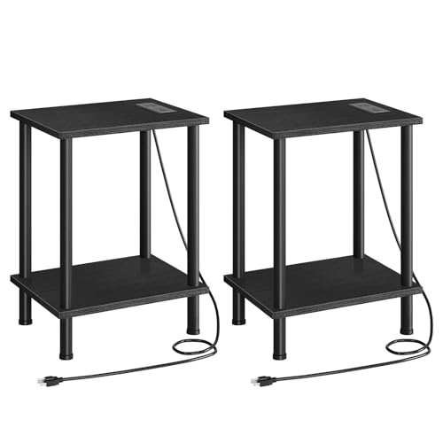 HOOBRO Side Table with Charging Station, Set of 2 End Tables with USB Port and Outlets, Nightstand with 2-Layer Storage Shelves for Small Spaces, Living Room, Bedroom, Black BK09UBZP201 - color: Black