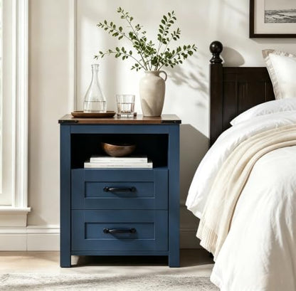 Farmhouse Night Stand, Rustic Blue Nightstand for Bedroom, End Tables with Charging Station, Bedside Table with Drawers, Wood Bedside Cabinet Dresser - color: Blue, size: 1pcs with Charging