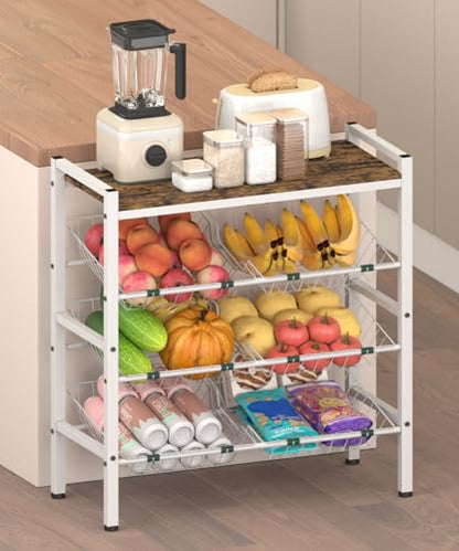 4-Tier Fruit and Vegetable Storage Rack with Wood Top & 6 Removable Baskets, Small Kitchen Island, Pantry Floor Organizer Stand Shelves for Onion Potato Snack Storage, White - style: 6 Baskets-White