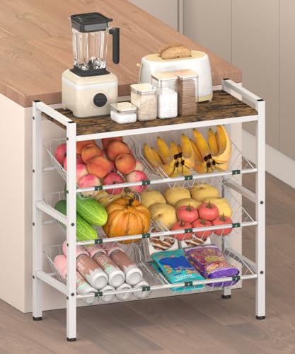 4-Tier Fruit and Vegetable Storage Rack with Wood Top & 6 Removable Baskets, Small Kitchen Island, Pantry Floor Organizer Stand Shelves for Onion Potato Snack Storage, White - style: 6 Baskets-White