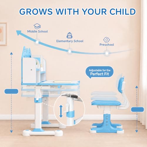 Kids Desk and Chair Set, Height Adjustable Child's School Study Writing Tables, Kids Desk with Bookstand and Storage Drawer, Widened Desktop with Desktop for Boys and Girls (Blue-A-MAX) - color: Blue-a-max