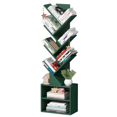 SHEEPAM 10 Tier Tree Bookshelf,Christmas Green Bookcase for Narrow Space, Storage Organizer Floor Standing Bookshelves for Books, Tall Book Case for Home Office, Living Room, Bedroom - color: Christmas Green, size: 10 Tier