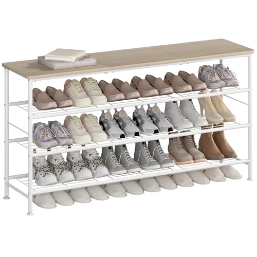 SUOERNUO Shoe Rack Organizer 4 Tier for Closet Entryway Free Standing Metal Storage Shoe Shelf with MDF Top Board (White+Oak, Large 4 Tier) - color: White+oak, size: Large 4 Tier