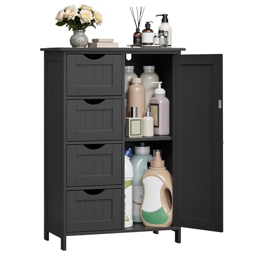 VASAGLE Storage Cabinet with Drawers, Freestanding Floor Cabinet with Door, 11.8 x 21.7 x 32.3 Inches, Adjustable Shelf, for Bathroom, Living Room, Kitchen, Ink Black ULHC041BH01S - color: Ink Black, size: 1 Door + 4 Drawers（32.3"）