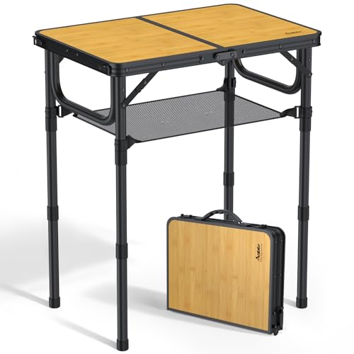 Anbte 2ft Camping Table Foldable with Storage Net, 3 Adjustable Heights Aluminum Small Folding Table Lightweight, Portable Handle for Travel Outdoor Beach Camping Picnic, 23.2" x 16", Light Oak Grain - color: Light Oak Grain, size: 24"L x 16"W x 27.5H"