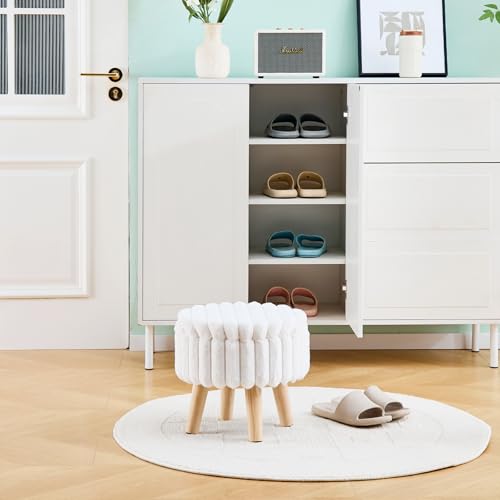 Wimarsbon Storage Ottoman, Modern Round Footrest with Soft Padded Seat, Teddy Velvet Footstool with Wood Legs, Accent Small Table or Plant Stand for Hallway, Living Room (White) - color: White