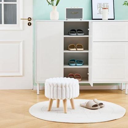Wimarsbon Storage Ottoman, Modern Round Footrest with Soft Padded Seat, Teddy Velvet Footstool with Wood Legs, Accent Small Table or Plant Stand for Hallway, Living Room (White) - color: White