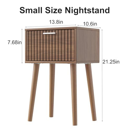 LAATOOREE Nightstands Set of 2, Small Fluted Side Table, Bedside Table with Solid Wood Feet; Modern Mid-Century End Table for Bedroom, Small Space - color: Rustic Brown, style: Fluted Style