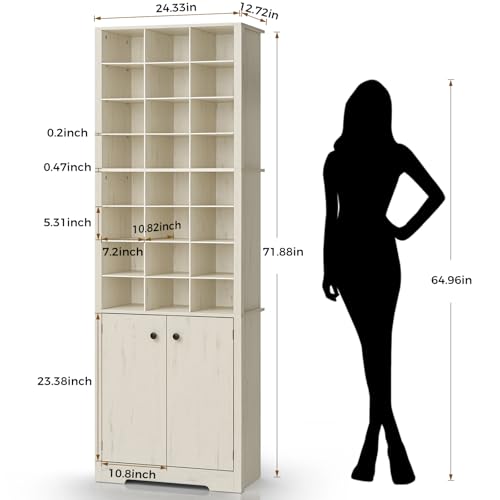 HOMMPA 72'' Beige Tall Shoe Cabinet, Freestanding Tall Shoe Rack with Bottom Cabinet, 8-Tier 24 Cubbies Wooden Shoe Storage Organizer with Adjustable Shelves for Entryway, 13" D x 24" W x 72" H
