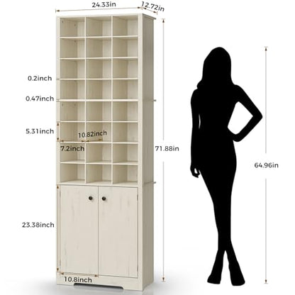 HOMMPA 72'' Beige Tall Shoe Cabinet, Freestanding Tall Shoe Rack with Bottom Cabinet, 8-Tier 24 Cubbies Wooden Shoe Storage Organizer with Adjustable Shelves for Entryway, 13" D x 24" W x 72" H