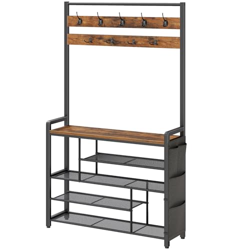 HOOBRO Hall Tree with Bench, Shoe Rack with Coat Rack, 39.4" Coat Rack with Shoe Storage, 5 Tier Shoe Storage Organizer, Oxford Fabric Side Pockets, Coat and Shoe Rack Entryway, Rustic Brown BF46MT01 - color: Rustic Brown, size: 39.4"L x 11.8"W x 70.9"H