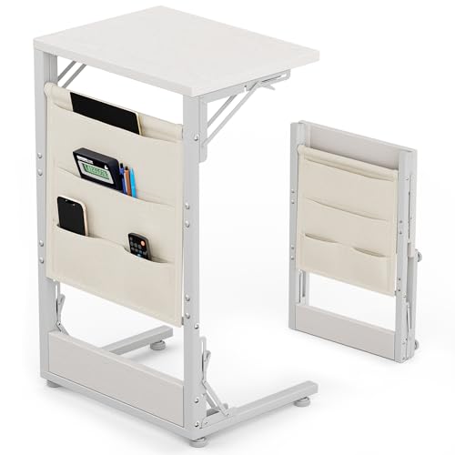 Folding TV Tray Table, 28.8" Tall C-Shaped Side Table for Couch and Bed, Slide Under Sofa Side Desk with Storage Bag - Sturdy Metal Frame Tray for Living Room, Bedroom, Home & Office (White) - color: White, size: 15.7" x 11.8" x 28.8"
