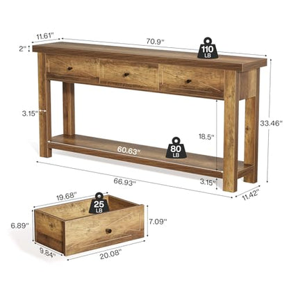 Tribesigns 70.9” Console Table with 3 Drawers, Extra Long Entryway Table for Hallway, Living Room, Narrow Sofa Table Behind Couch with Storage Shelf, Rustic Brown Wood Foyer Furniture