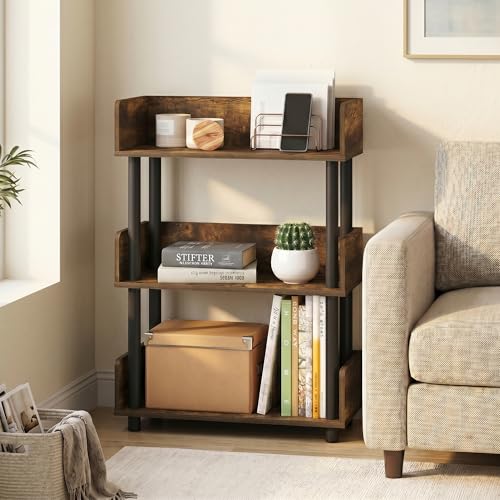 3-Tier Storage Shelves with Side Panels, Open Shelves Book Shelf with Rounded Corner Top Edges, Display Shelf for Organization and Storage, Home Office, Living Room, Amber Pine - color: Amber Pine/Black, size: 3 Tier