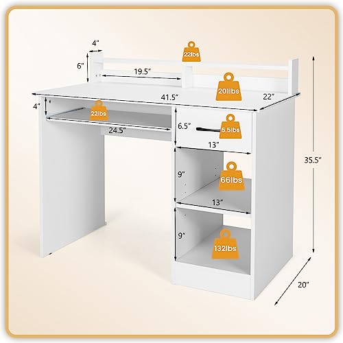 GOFLAME White Computer Desk, Home Office Desk with Large Drawers, Hutch, Keyboard Tray, 5-Position Adjustable Open Shelves, Easy Assembly, Writing Desk for Bedroom, Small Space, Living Room, White - color: White