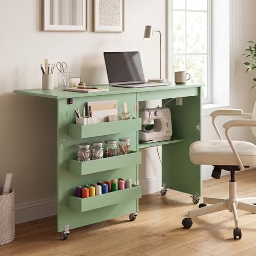 Giantex Folding Sewing Table with Charging Station, Storage Trays & Shelf | Rolling Craft Table with Lockable Wheels, Foldable Sewing Machine Cabinet Desk for Small Spaces, Dorms, Sage - color: Sage
