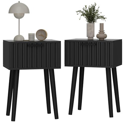 YMYNY Fluted Nightstand Set of 2, Small End Table, Modern Coffee Table with Drawer, Solid Wood Legs, Retaining Chain, 13.8" x 10.6" x 20.9", for Bedroom and Small Spaces, Black UHST014B-2 - color: Black