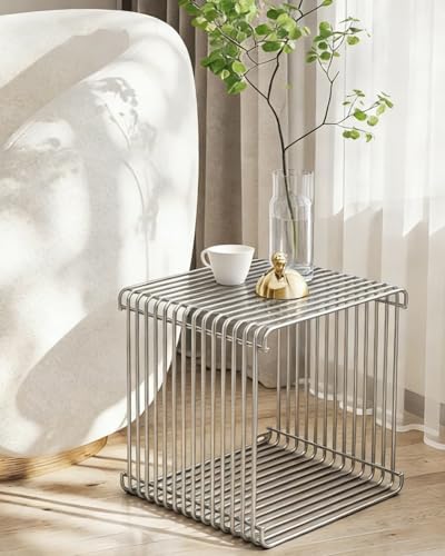 Square Stainless Steel Side Table, Metal End Table with Magazine Rack, Space-Saving Silver Nightstand for Small Spaces, Chrome Side Table with Storage Shelf for Living Room Bedroom Office