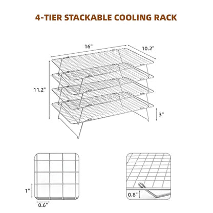 Cooling Rack 16"x10", 4-Tier Stackable & Collapsible Cooling Racks | Cooling Racks for Cooking and Baking, Roasting, Grilling, Oven & Dishwasher Safe (Silver, 4-Tier) - color: Silver, size: 4-Tier