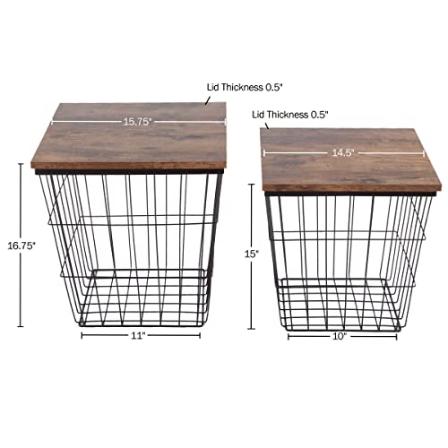 Lavish Home End Tables - Square Nesting Tables Set of 2, Brown Woodgrain | 15.75”/14.5” Side Tables with Removable Wood Tops & Metal Basket Bases for Blanket Storage, Living Room, Bedroom, Home Office - color: Brown Square 2