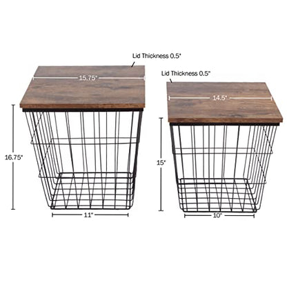 Lavish Home End Tables - Square Nesting Tables Set of 2, Brown Woodgrain | 15.75”/14.5” Side Tables with Removable Wood Tops & Metal Basket Bases for Blanket Storage, Living Room, Bedroom, Home Office - color: Brown Square 2
