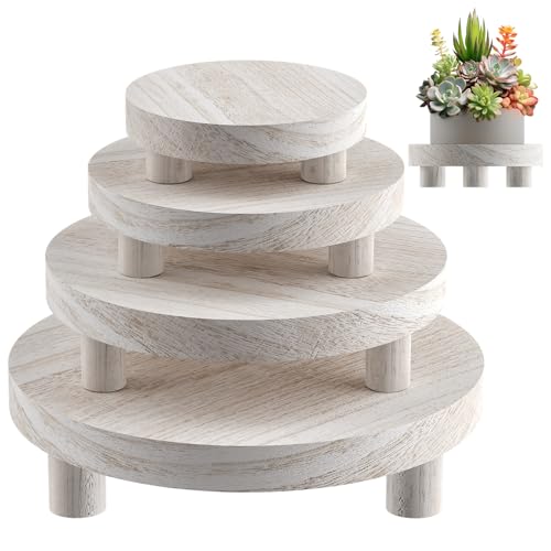 Wood Plant Stand Indoor Outdoor, 12/10/8/6" Round Wood Riser for Decor Wooden Stool Display Stand Flower Pot Holder Small Planter Tray Modern Potter Decorative for Desktop Counter Room - color: Washed White-4pcs