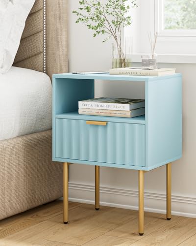 Night Stand,Modern Bedside Table with Drawer and Shelf,Blue Night Stand with Gold Frame,Small Side Table for Bedroom,Living Room - color: Blue