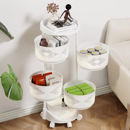 Kitchen Fruit Vegetable Storage Cart, 5 Tier Circular Rotating Basket with Top Lid, Large Hollow Mesh Basket for Veggie Onion Potato Snake, Rolling Storage Rack on Wheels White Five Layers