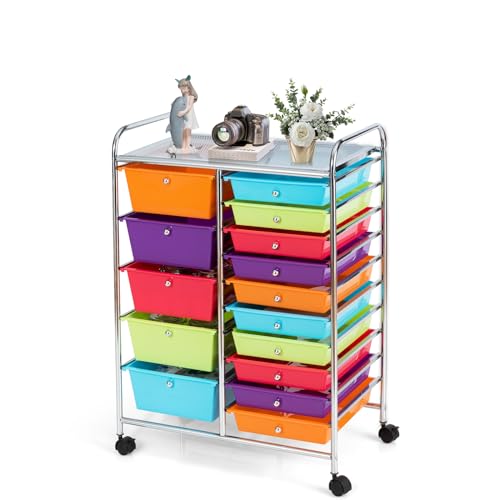 DREAMADE Rolling Cart with 15 Drawers, Rolling Drawer Organizer Cart w/Lockable Wheels, Removable & 2-Sized Storage Drawers, Art Cart for School Home Art Supplies Crafts File Scrapbook (Multi-color) - color: Multi-color, size: 25"L x 14.5"W x 34.5"H
