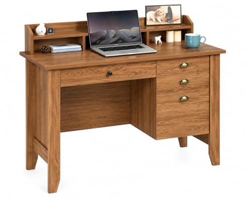 Catrimown Computer Desk with Drawers and Hutch, Farmhouse Home Office Desk with File Drawer,Student Girls Desks,Teens Writing Table, Small Computer Desk for Bedroom, Rustic Oak - color: Rustic Oak