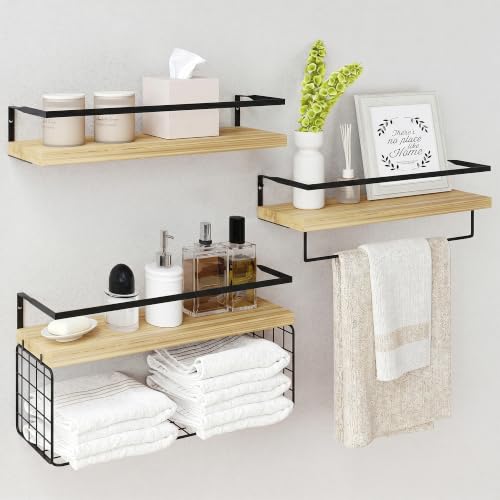 Wood Floating Shelves Wall Mounted - 3+1 Tier Rustic Bathroom Wall Shelves Over Toilet with Wire Storage Basket and Towel Bar, Set of 4 Farmhouse Floating Shelf for Bathroom, Kitchen, Bedroom. - color: 3-tier Rustic Wood Floating Shelves, size: 3-Tier