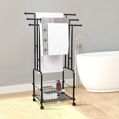 42" Tall Bathroom Towel Rack, Standing Towel Racks, 3 Tier Towel Holder with Storage Basket & 4 Hooks, Indoor Outdoor Freestanding Towel Racks with Anti-Skid Wheels, Pool Towel Blanket Stand